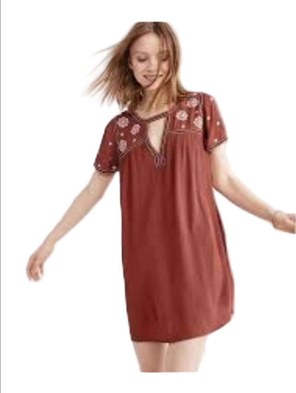 ABERCROMBIE & FITCH Rust Embroidered Short Sleeve boho Shift Dress